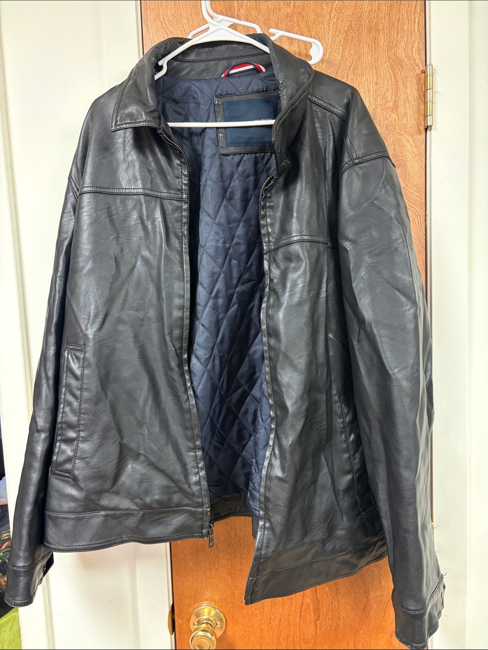 Tommy Hilfiger Black Leather Bomber Jacket with Navy Quilted Lining